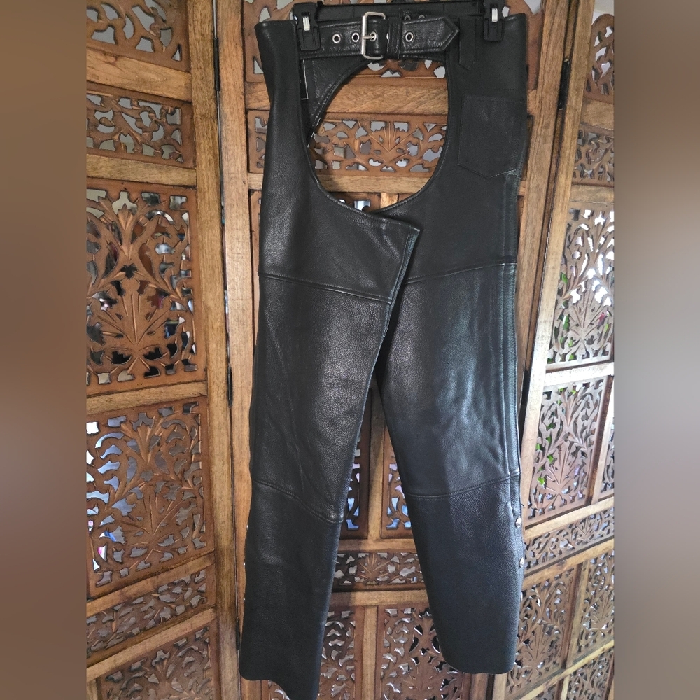 Women's Black Leather Chaps And Gloves Bundle